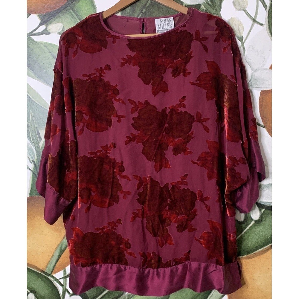NOLAN MILLER Glamour Style Small Red Silk Blend Floral Burnout Blouse